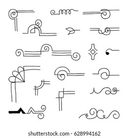 Set of vector hand drawn elements, frames, borders, corners isolated on white background