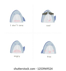 A set of vector hand drawn emoji. Cute shark smiles with various emotions. Collection of funny illustrations for messengers, social media, online chats. Summer sea theme.