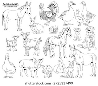 Conjunto de ilustraciones de animales de granja dibujadas a mano de Vector, colección de animales de dibujo de línea