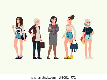Set of vector hand drawn female characters in trendy cartoon style. Confident, cheerful women standing in line