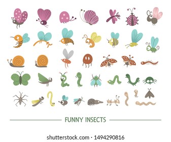 Set of vector hand drawn flat insects. Funny bugs collection. Cute forest illustration with butterflies, bees, caterpillars for children’s design, print, stationery