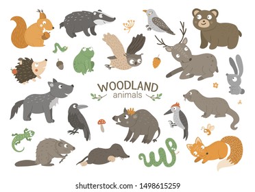 Set of vector hand drawn flat woodland animals. Funny animalistic collection. Cute forest illustration for children’s design, print, stationery