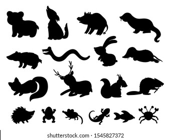 Set of vector hand drawn flat woodland animals silhouettes. Funny animalistic collection. Cute black and white forest illustration for children’s design, print, stationery