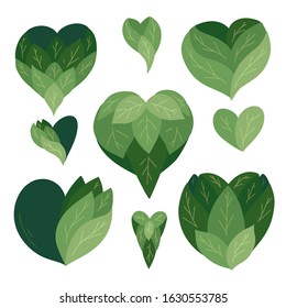 Set of vector hand drawn flat hearts made of leaves. Eco friendly love of nature. Green bush isolated from object. Vector objects for decorating cards, invitations, logos and your design.