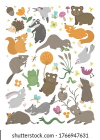 Set of vector hand drawn flat woodland animals vertical set. Funny animalistic background. Cute forest illustration for children’s design, print, stationery, picture book, poster