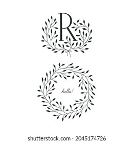 Set of vector hand drawn floral R monogram and elegant wreath. Graphic logo with letter R.