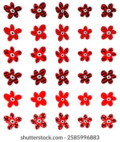 Set of vector hand drawn flowers. Nature clip art by freehand. Spring floral decor. Red five-petal flowers in different design options. Cute decorative petals in checked, in polka dots, in stripes.