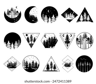 Set of vector hand drawn forest illustrations, geometric design, line art drawing adventure prints, wanderlust labels with forest trees

