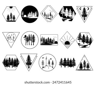 Set of vector hand drawn forest illustrations, geometric design, line art drawing adventure prints, wanderlust labels with forest trees

