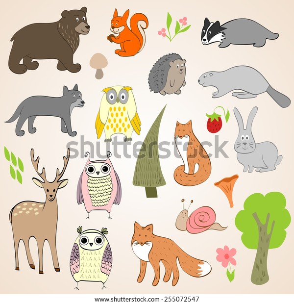 Set Vector Hand Drawn Forest Animals 스톡 벡터(로열티 프리) 255072547