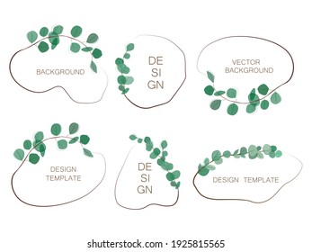 Set of vector hand drawn frame with watercolor leaves and branches isolated on white. floral frame with copy space for text or letters - abstract background for social media posts and stories