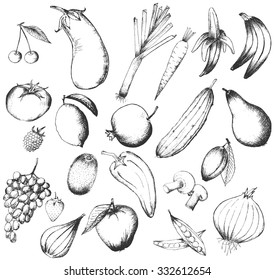 Set of vector hand drawn fruits and vegetables isolated on white 