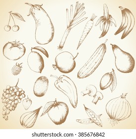 Set of vector hand drawn fruits and vegetables isolated on white 