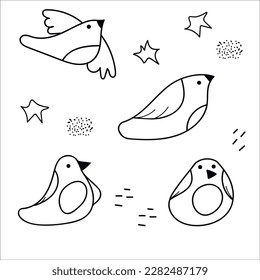 Set vector hand drawn funny birds with stars. Cute hand drawn doodle elements. 