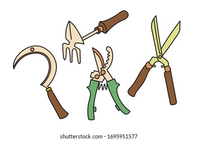 Set von Vektorillustration handgezeichnet Garten kleine Schaufelrad, Pruner, Sichel-und Metall-Farm Sektor.
