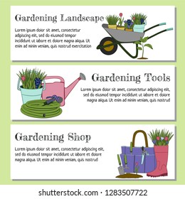 Set of vector hand drawn gardening banners with tools, plants, flowers, rubber boots, cutter, cart, watering can. Conceptual of Gardening