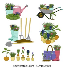 Set of vector hand drawn gardening elements with tools, plants, flowers, rubber boots, cutter, cart, watering can, shovel, rake. Conceptual of Gardening