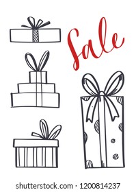 Set of vector hand drawn gift boxes. Doodle style with Sale Lettering.