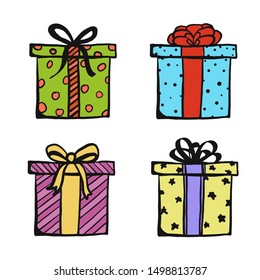 Set of vector hand drawn gift box icon.