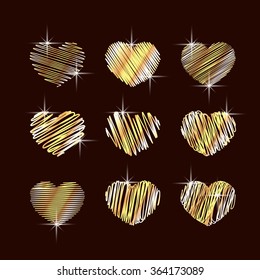 Set of vector hand drawn golden hearts. Happy Valentine day