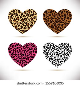 Set of vector hand drawn hearts with leopard pattern isolated on white background. Animal print.Perfect for design of blog ,banner,poster,fashion,web sites,apps,card,typography,template