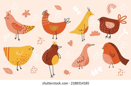 Set of vector hand drawn hens. Cartoon set. Colorful bird for package, wrapping paper, icon, banner, logo, print, card, gift, fabric, web, label, advertising, card, fabric.