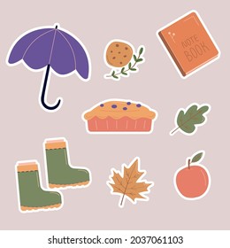 Set of vector hand drawn hygge stickers of autumn elements. Cozy autumn. Umbrella, cookie, berry pie, rubber boots.