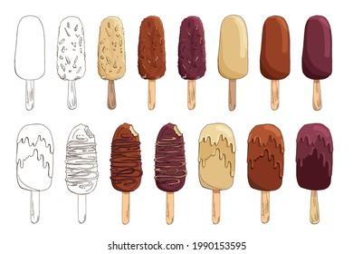 Set of vector hand drawn ice cream illustrations. Eskimo pie isolated on white. Ice lolly. Popsicle cake. Chocolate-coated cake with boiled condensed milk, nuts, caramel, waffles, cornflakes