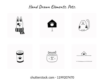 Set Of Vector Hand Drawn Icons, Domestic Animals. Logo Elements For Pets Related Business. Illustration For Pet Shop Or Cafe, Hotel Or A Dog Walker, Veterinary Clinic. Isolated Symbols.