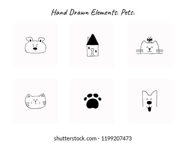 Set Of Vector Hand Drawn Icons, Domestic Animals. Logo Elements For Pets Related Business. Illustration For Pet Shop Or Cafe, Hotel Or A Dog Walker, Veterinary Clinic. Isolated Symbols.