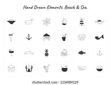 Set of vector hand drawn icons. Simple isolated elements for marine badges, labels, logotypes and branding business identity. Perfect for sea and ocean related company, for tourism or souvenirs.