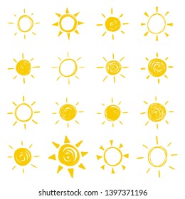 Set of vector hand drawn icons of the sun with sunbeam.