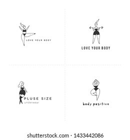 Set of vector hand drawn icons with text. Body positive concept. Attractive happy overweight women. Love your body. For large-size clothing stores.