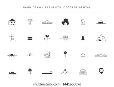 Set of vector hand drawn icons. Property rental theme. For business branding and identity, for real estate agents and house owners.