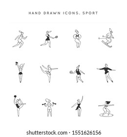 Set of vector hand drawn icons. Women in different sports. Active way of life. For sport websites and mobile applications. For sports schools and courses.