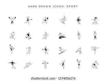 Set of vector hand drawn icons. People in different sports, men and women. Active way of life. For sports schools and courses. For sport websites and mobile applications.