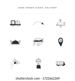 Set of vector hand drawn icons. Fast delivery, express mail logo elements. For branding and business identity. For courier services, shops, cafes and restaurants.