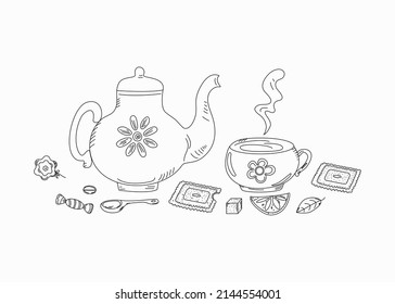 Conjunto de iconos dibujados a mano por vectores. Tiempo de té al estilo de doodle. Tetera, taza, cuchara, dulces.