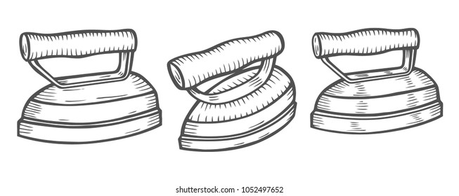 Set of Vector hand drawn illustration of box iron. Isolated on white background. Side view.