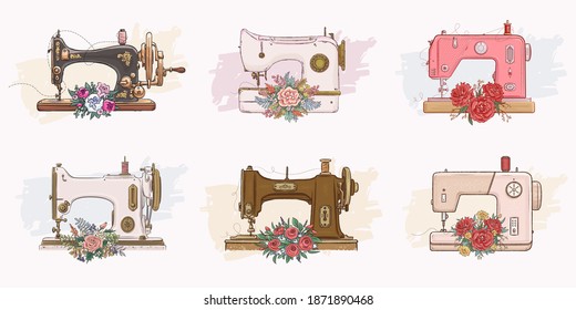 Set of vector hand drawn illustration of sewing machine and flowers. Retro style. Eps 10