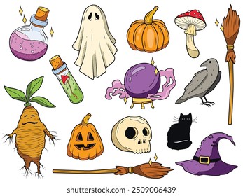 Set vector hand drawn illustration of quirky fun Halloween trick or treat design elements, such as bats, pumpkins, and more.