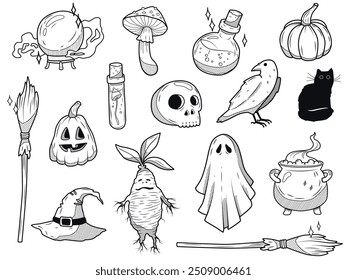 Set vector hand drawn illustration of quirky fun Halloween trick or treat design elements, such as bats, pumpkins, and more.