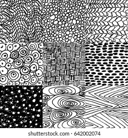 Set of vector hand drawn illustration with ink textures. Hand drawn pencil textures with strips, dashes, drops. Charcoal black and white vector textures. Hand drawn graphic background, poster, card.