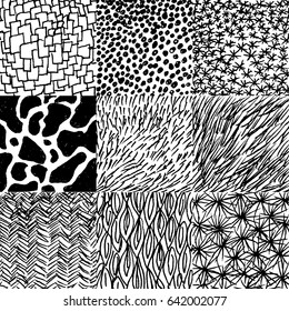 Set of vector hand drawn illustration with ink textures. Hand drawn pencil textures with strips, dashes, drops. Charcoal black and white vector textures. Hand drawn graphic background, poster, card.