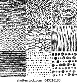 Set of vector hand drawn illustration with ink textures. Hand drawn pencil textures with strips, dashes, drops. Charcoal black and white vector textures. Hand drawn graphic background, poster, card.