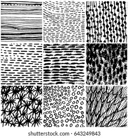 Set of vector hand drawn illustration with ink textures. Hand drawn pencil textures with strips, dashes, drops. Charcoal black and white vector textures. Hand drawn graphic background, poster, card.
