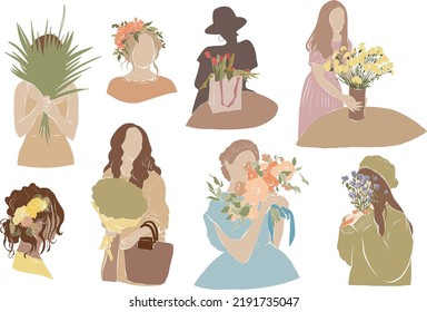 Conjunto de ilustraciones de las niñas con ramos de flores dibujadas a mano vectorial