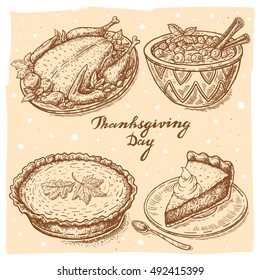 Set of vector hand drawn illustrations of the roasted turkey, cranberry sause, pumpkin pie, pumpkin slice and handwritten text Thanksgiving Day.Thanksgiving Day set in vintage style.