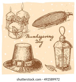 Set of vector hand drawn illustrations of the candles with leaves, corn, pilgrim hat, lantern with candle and handwritten text Thanksgiving Day.Thanksgiving Day set in vintage style.