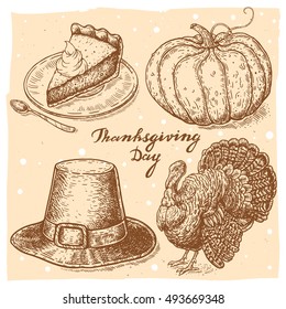 Set of vector hand drawn illustrations of the pilgrim hat,pumpkin pie on the plate with spoon,pumpkin, turkey and handwritten text Thanksgiving Day.Thanksgiving Day collection in vintage style.